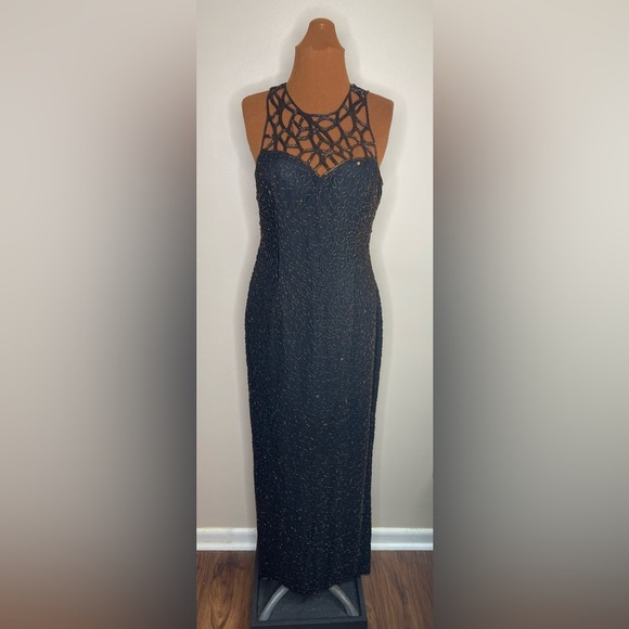 Vintage SCALA Heavy Beaded Cut Out Back Formal Dress Pageant Gown Large - Picture 1 of 14